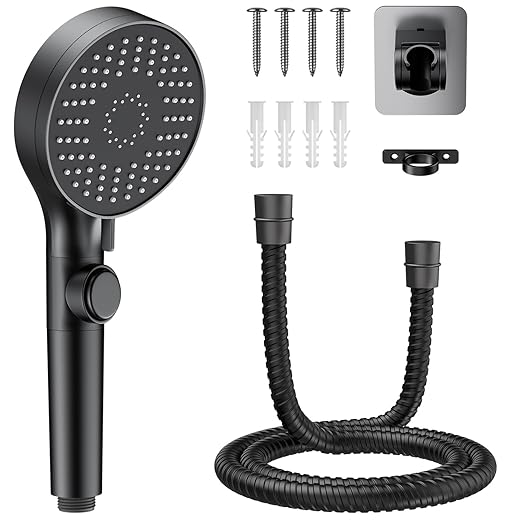 RV Shower Head with Stainless Steel Hose, 5 Mode High Pressure Shower Head with Handheld On Off Switch, Camper Shower Head Replacement for RV, Travel Trailer, Motorhome, RV Accessories Part, Black