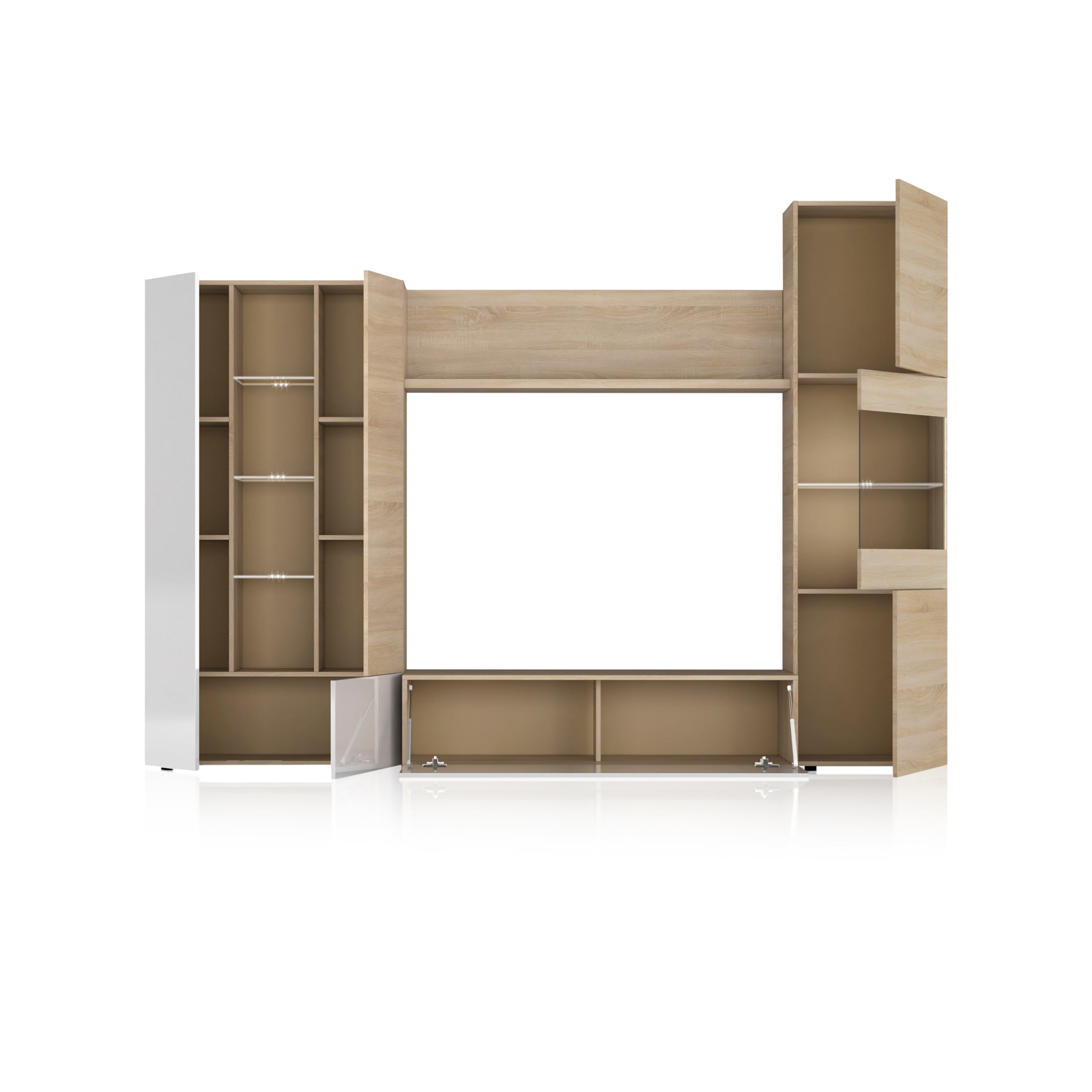 duehome | Mueble de Comedor con Leds, Mueble Salon, Modelo Vinter Leds, Acabado en Blanco Brillo y Roble Canadian, Medidas: 260 cm (Ancho) x 185 cm (Alto) x 42 cm (Fondo)