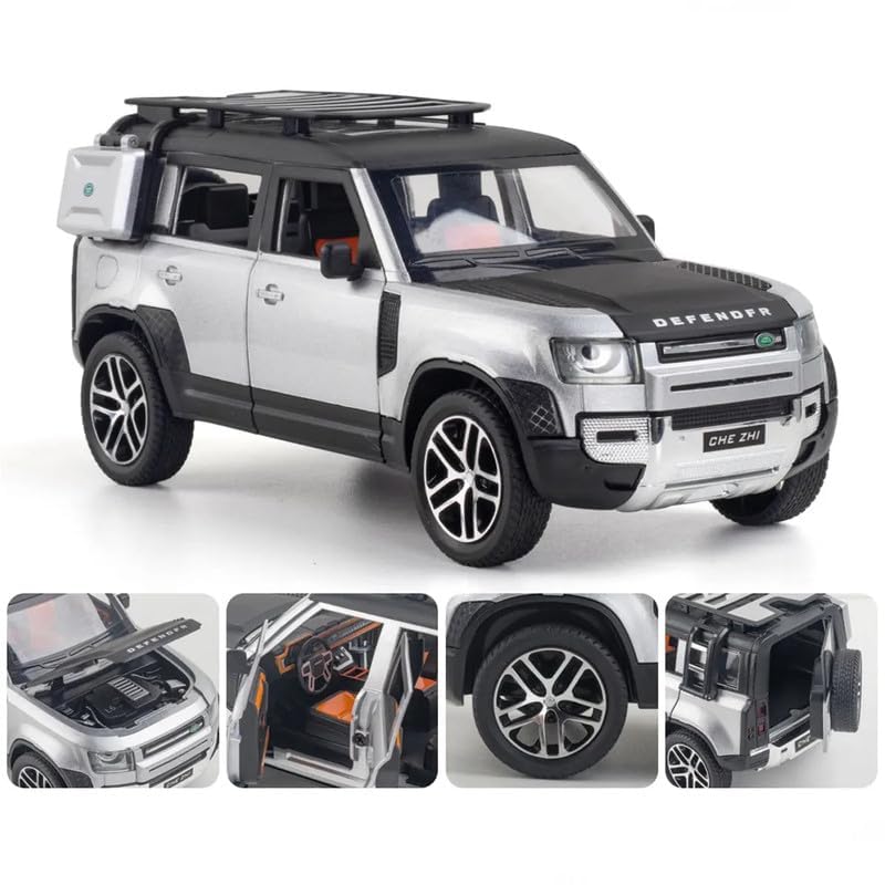 Image of 1:24 Land Rover Defender Alloy Diecast Model Car, Pull Back Vehicle with Openable Doors, Sound & Light Effects, Toy for Kids, for Car Enthusiasts and Collectors. (Silver)