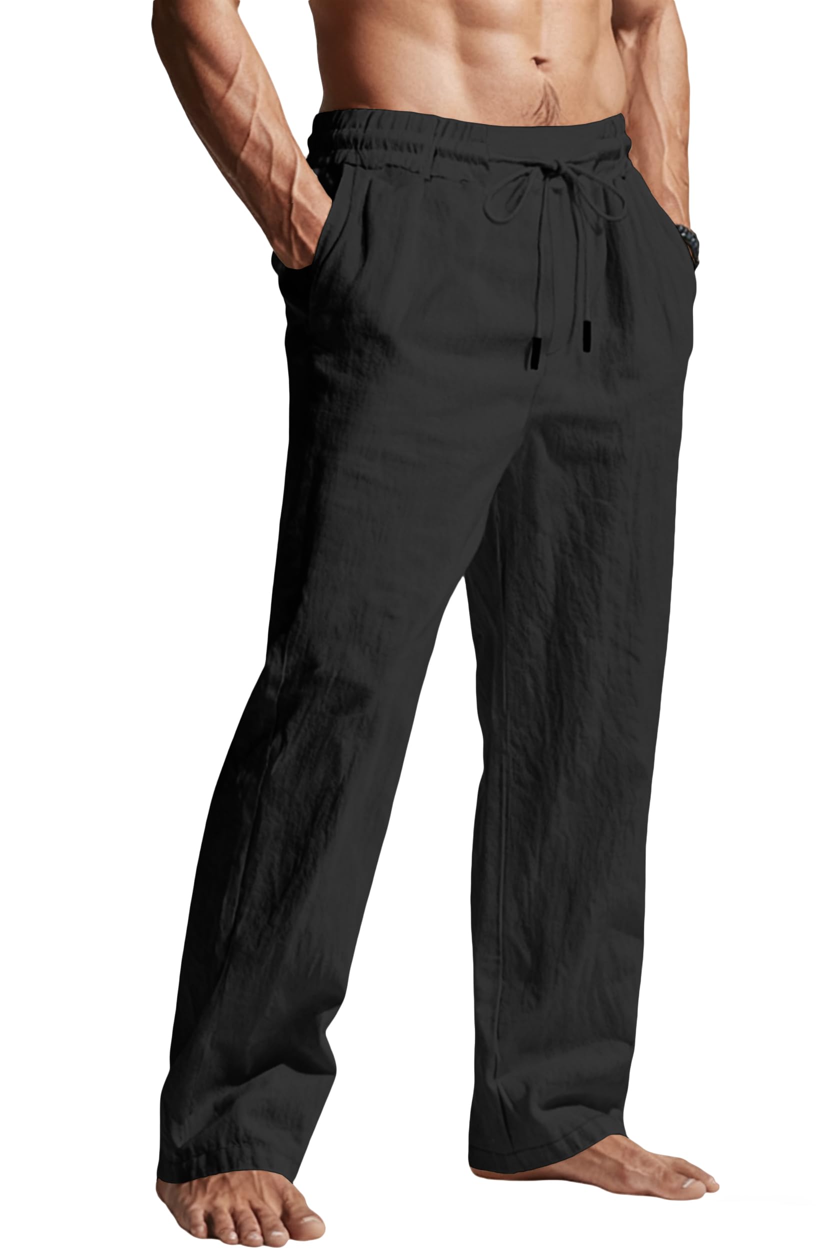 Mens Casual Linen Pants Elastic Waist Drawstring Summer Beach Lightweight Trouser with Pockets