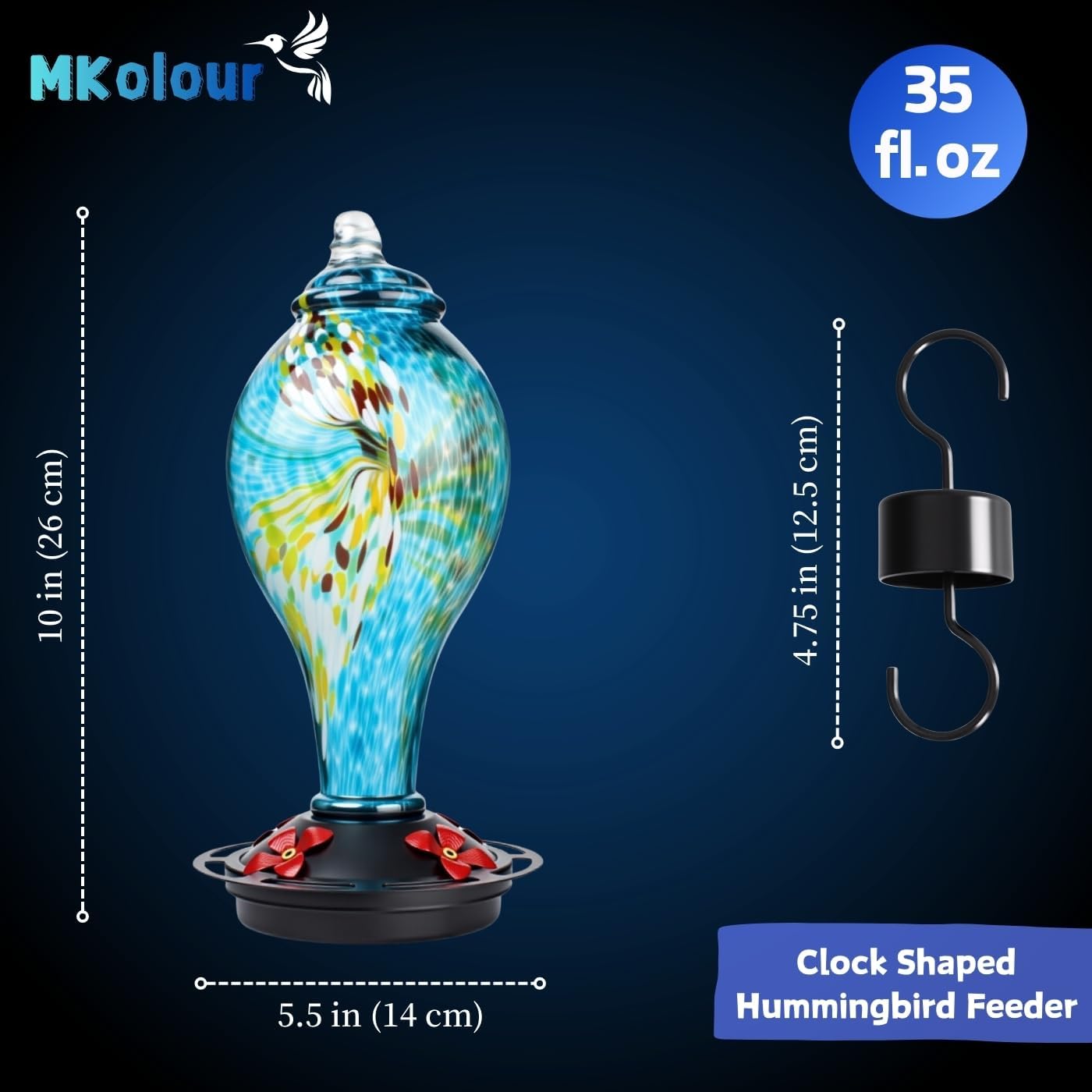 Clock Shaped Hummingbird Feeder for Outdoors, Hand Blown Glass Hummingbird Feeders for Outdoors Hanging with 4 Feeding Ports, Leak-Proof Bird Feeder- Garden Decor Gifts for Women(Blue)