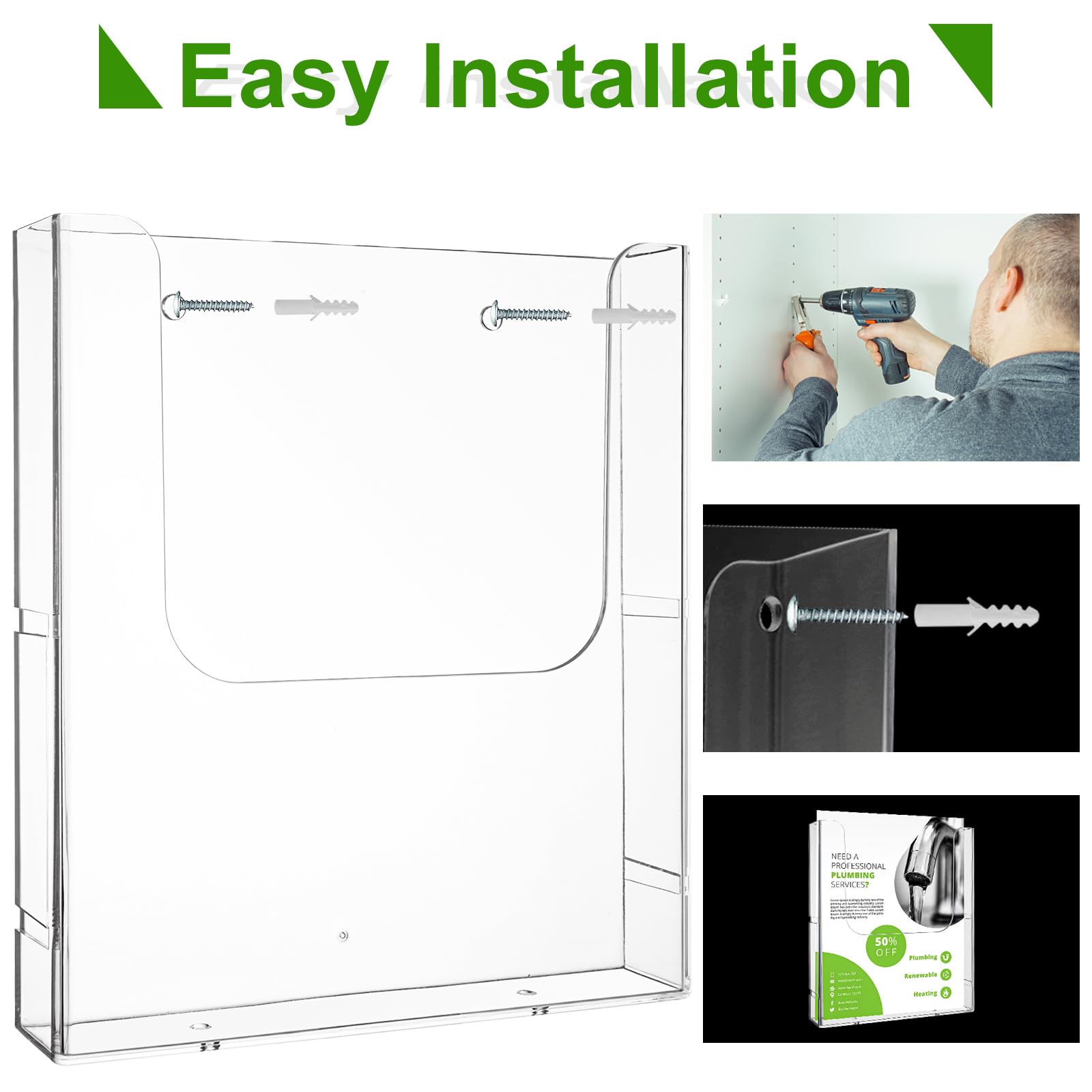 ZOFUN - 4 soportes de pared A4 para folletos, soportes planos transparentes para documentos con 8 tornillos y tubos de expansión, estantes acrílicos montados en la pared para revistas de restaurante,