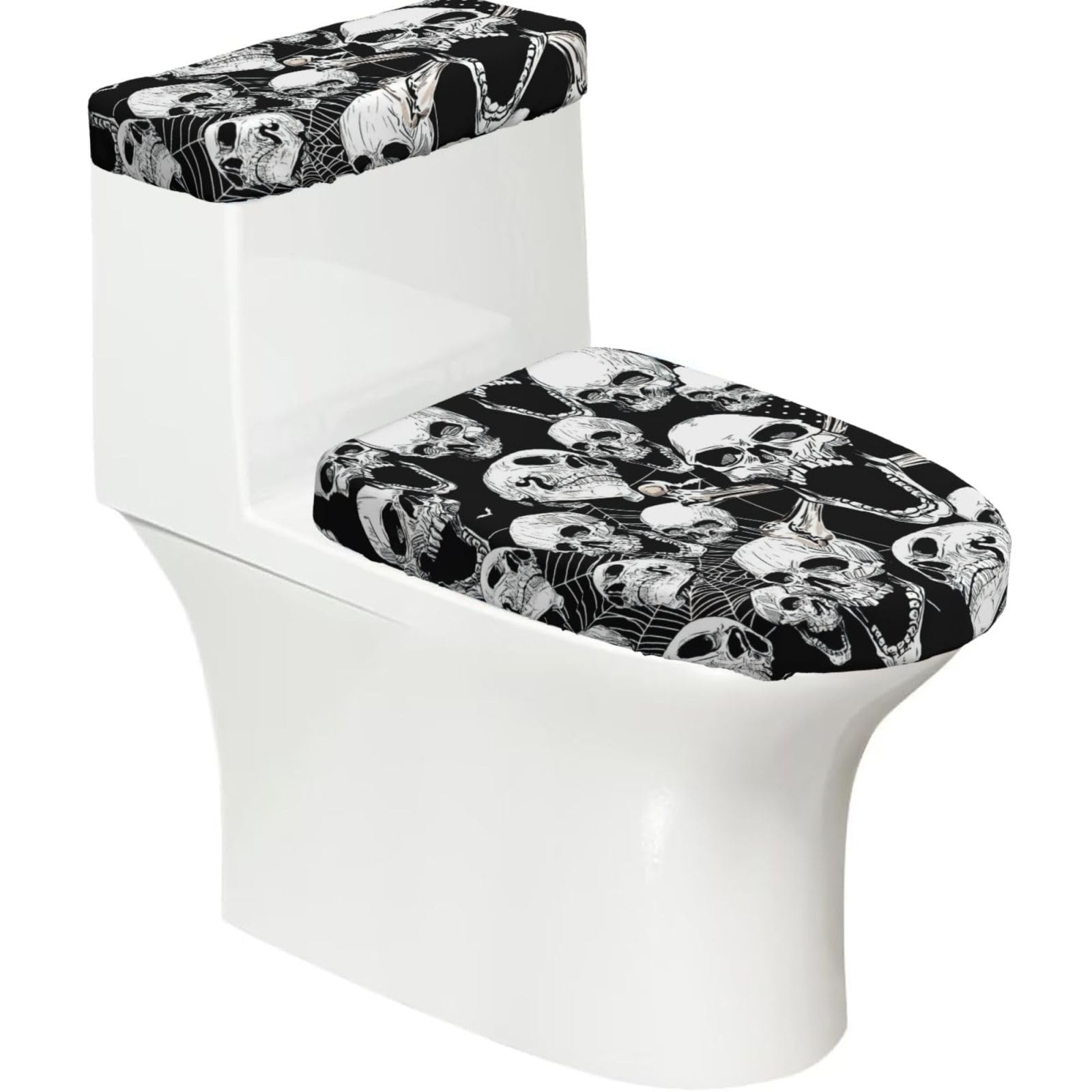 Skull Background Print 2-Piece Stretch Toilet Cover Set, Elastic Breathable Toilet Seat and Tank Lid Protector