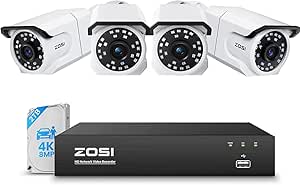 ZOSI 4K PoE Security Camera System,4 x 8MP Weatherproof Surveillance Cameras with One-Way Audio,People Counting,Night Vision,Person Vehicle Detection,8CH 4K NVR with 2TB HDD for Home 24/7 Recording asin的图片