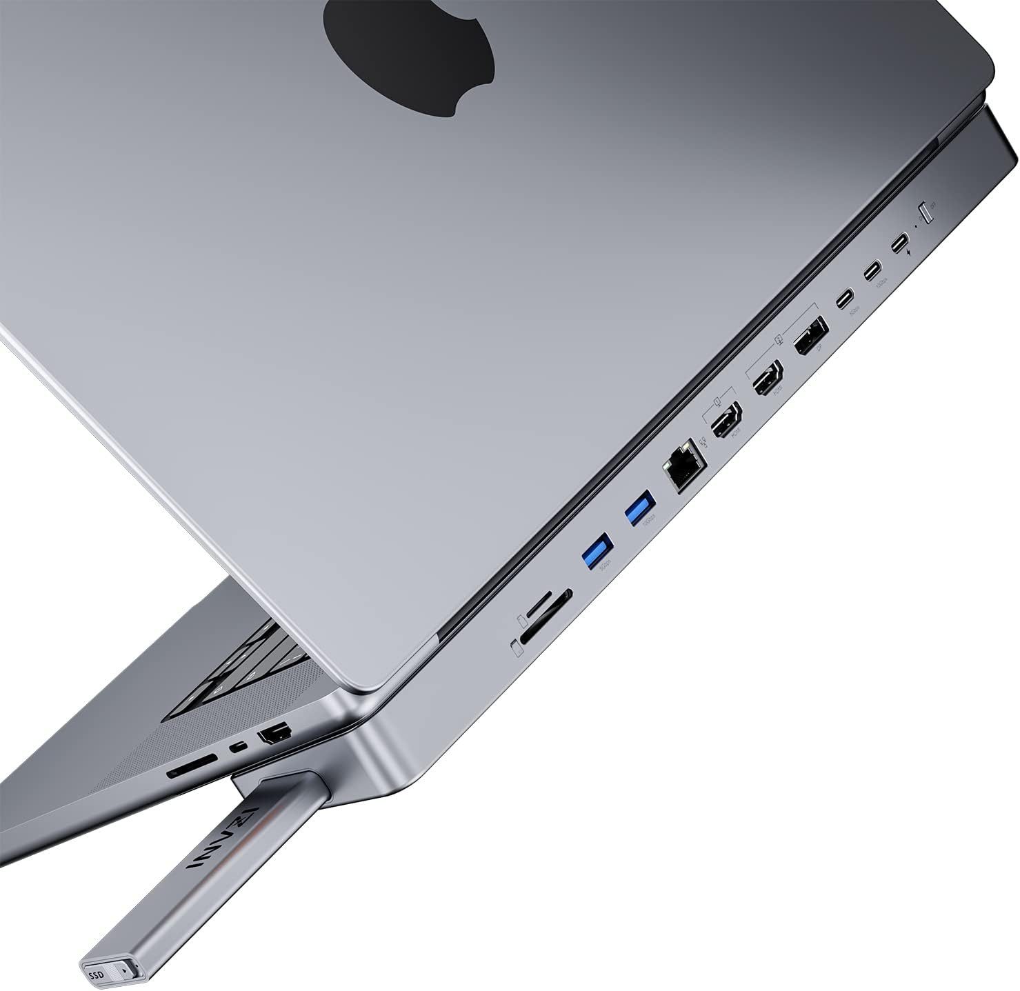 INVZI MagHub 12-in-2 USB-C Docking Station Triple Monitors with Pop-Up SSD, Dual 4K HDMI, DP, 100W PD Charging, USB 3.2 10Gbps USB, RJ45, SD/TF Slots for MacBook Pro M1 14” 16”, MacBook Air M2 13”