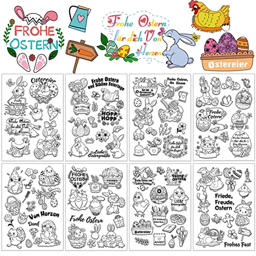 DPKOW 105pcs Deutschen Ostern Klare Stempel, Frohe Ostern Silikonstempel für DIY Karte Scrapbooking Basteln, Hase Ostereier Karotte Huhn Küken Blume Ziege Kreuz Pfeil Vogel Häschen Von Herzen Dank Cover