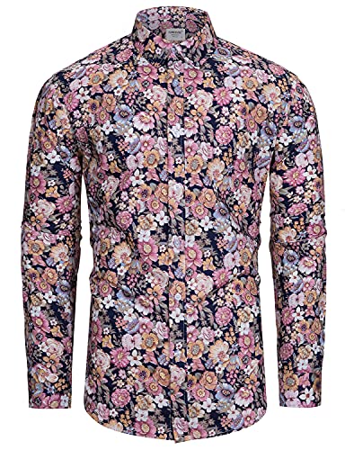 TUNEVUSE Mens Long Sleeve Floral Dress Shirt Flowered Pattern Print Button Down Shirts Cotton