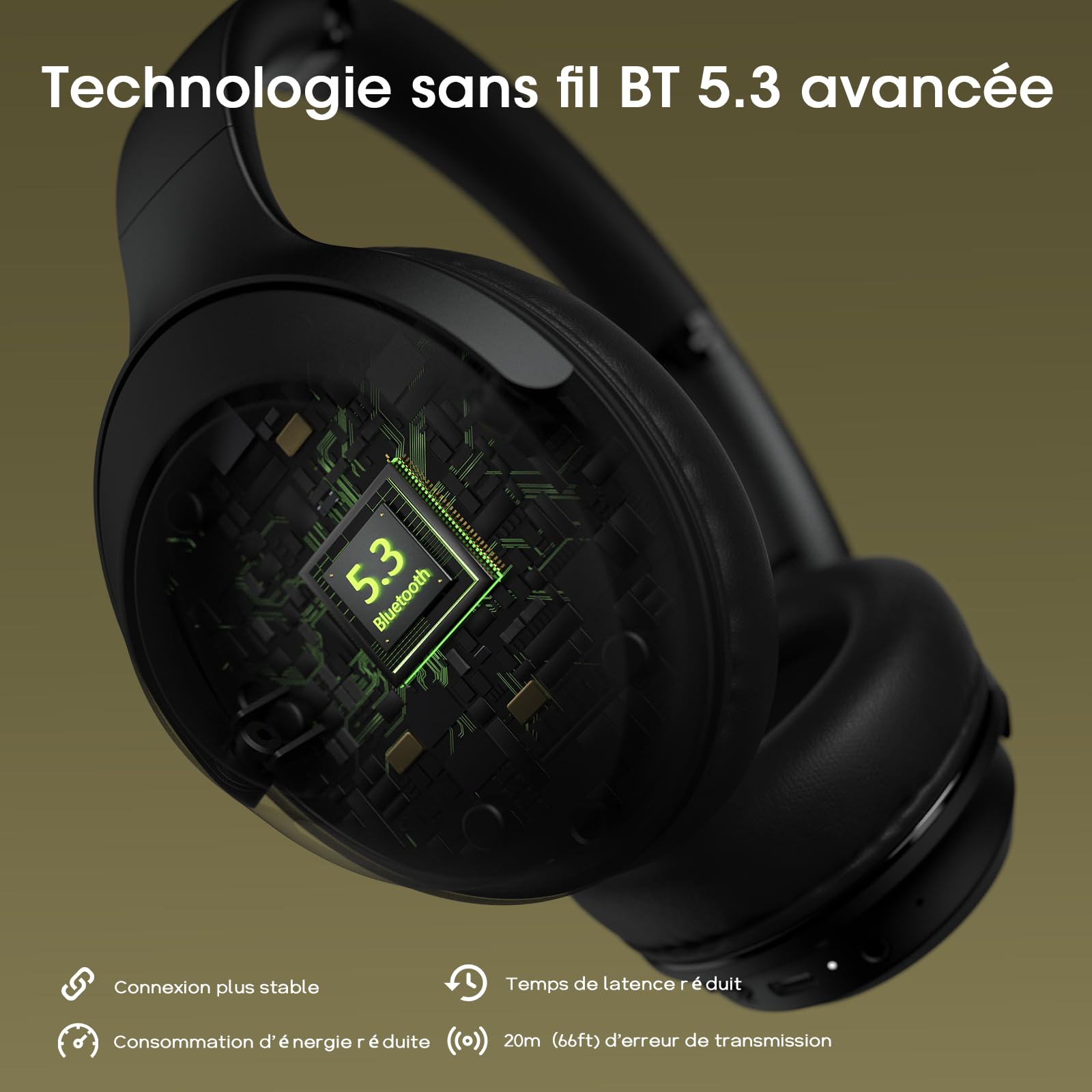 DOQAUS Casque Bluetooth 70H avec 3 Modes EQ,Bluetooth 5.3, Casque sans Fil 70H Durée Lecture, Cache Oreilles protéines Souples, avec stéréo HiFi Microphone pour Voyage/Travail/Vie