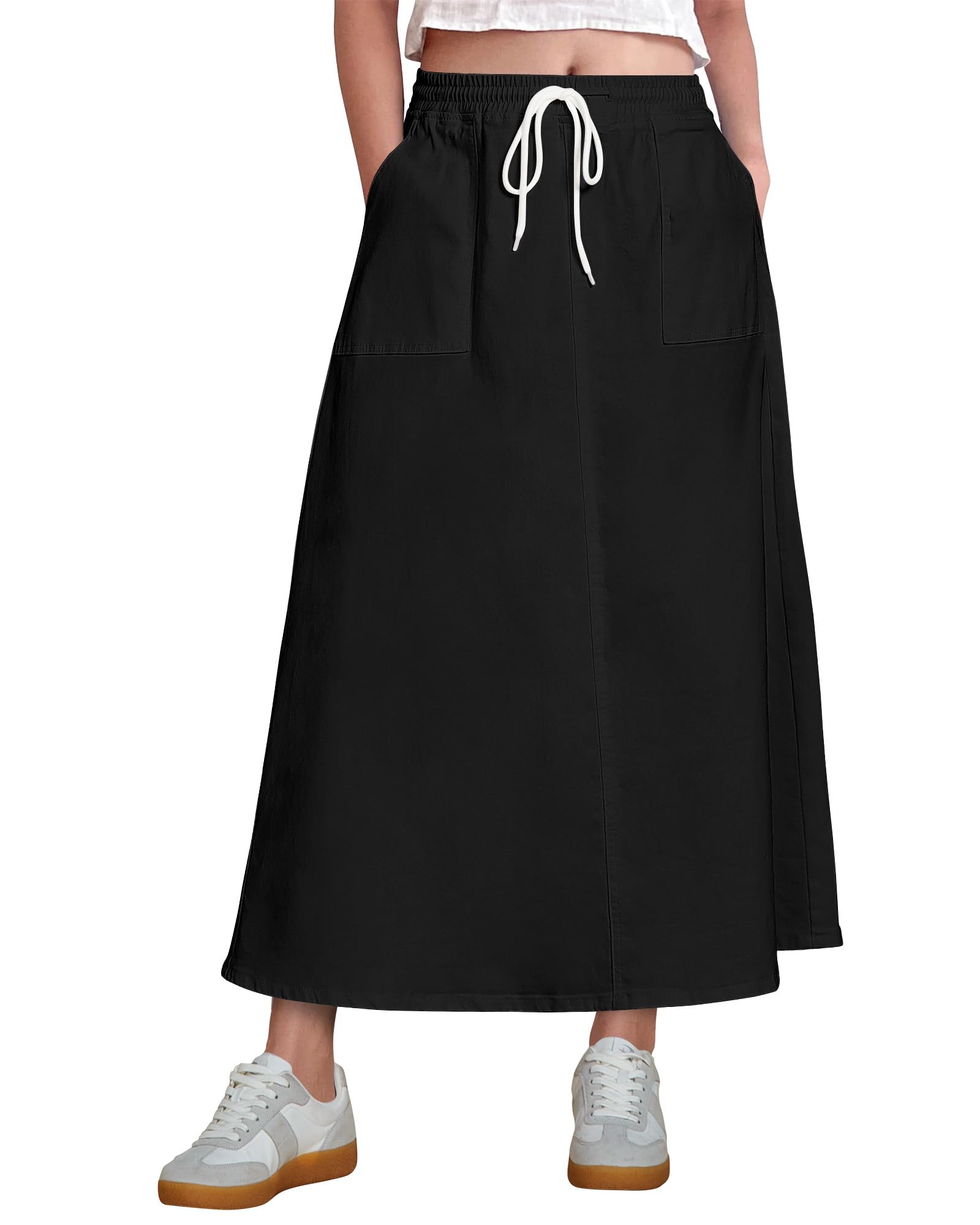 luvamia Denim Skirts for Women Trendy A Line Long Maxi Pull On Elastic Waist Drawstring Stretchy Jean Skirt
