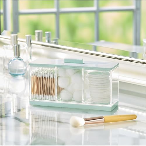 Miniatura 2 de mDesign Organizador de maquillaje de plástico con 3 secciones y tapa para encimeras de tocador de baño, soporte para bolas de algodón, hisopos,