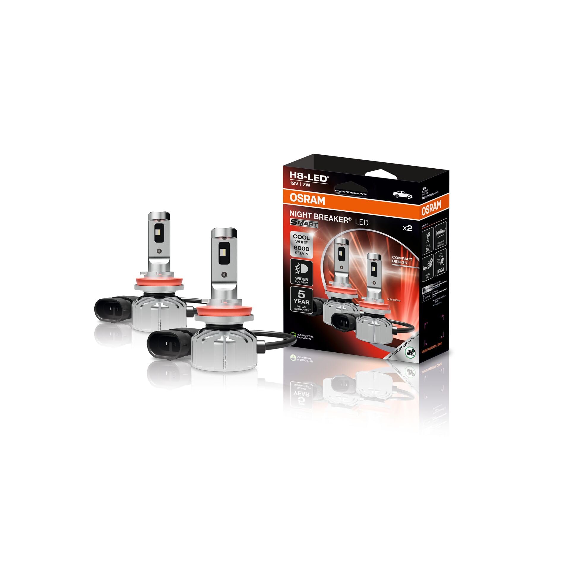 OSRAM NIGHT BREAKER LED SMART H8; Fari fendinebbia a LED omologati per la circolazione stradale; fascio luminoso fendinebbia più ampio; 6000K; 2 lampade