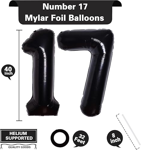 Miniatura 2 de Globo negro gigante de 40 pulgadas con el número 17, globos de aluminio de Mylar de helio para fiestas de cumpleaños, decoraciones de cumpleaños de
