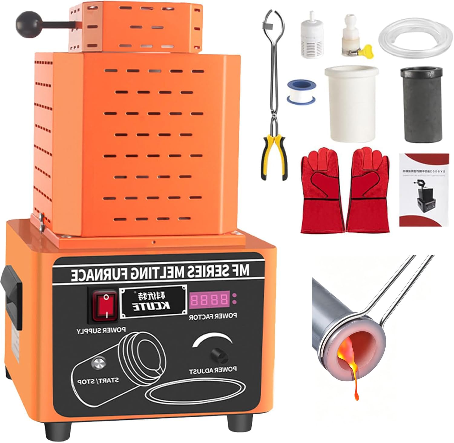 QYLTTDM Electric Gold Melting Furnace, 1600℃ /2912℉ Digital Melting Furnace Machine, 5000w Smelting Furnace, Metal Casting Kit With Graphite Crucible, Smelting Time 3-5 Orange 3kg