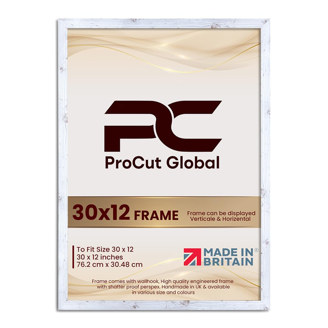 Procut Global 30X12 White Rustic Picture Frames - Modern Wooden Photo Frame with Shatterproof Perspex for Wall or Tabletop - Perfect for Posters, Certificates, Prints - Sizes & Colors Available