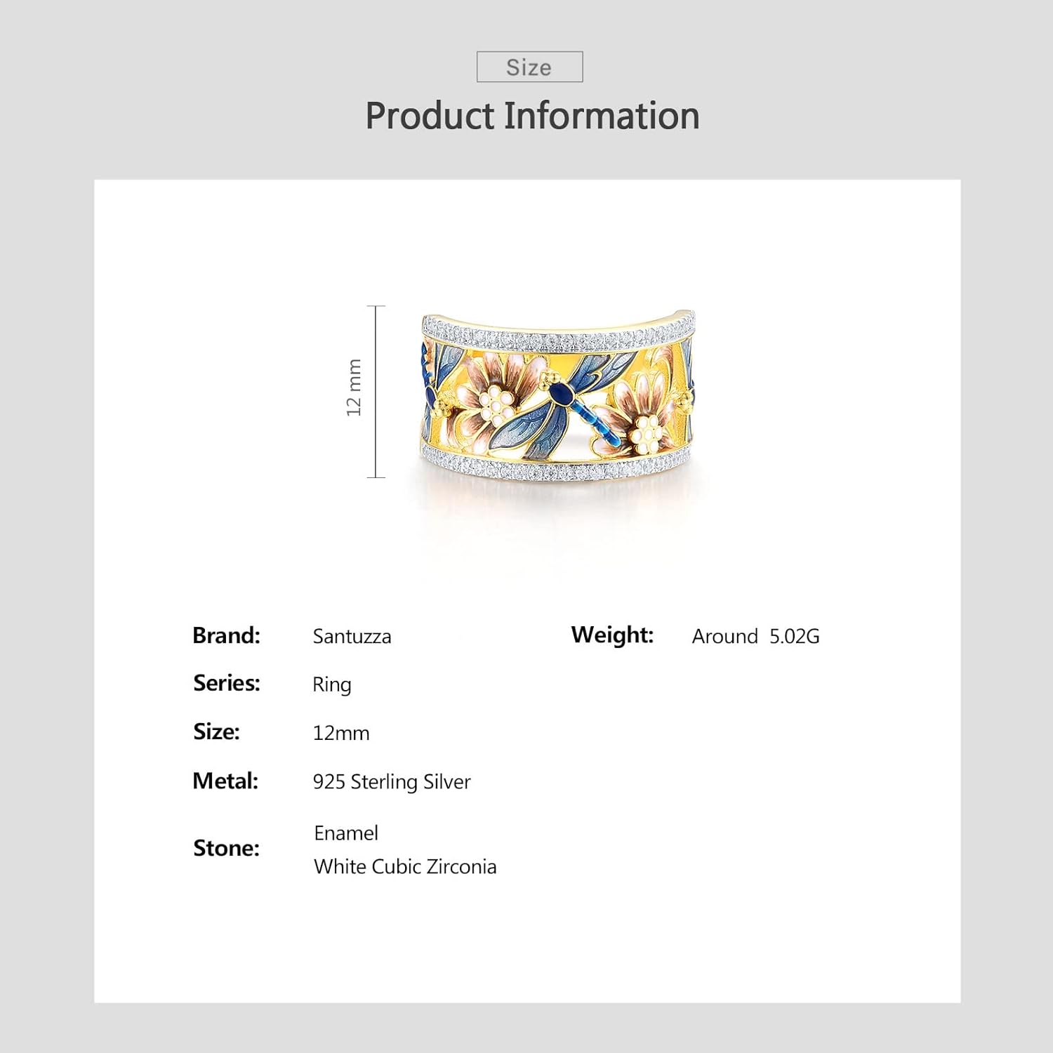 Santuzza 925 Sterling Silver Dragonfly Openwork Ring Cubic Zirconia Enamel Flower Ring 14K Gold Plated Vintage Jewelry - Image 4