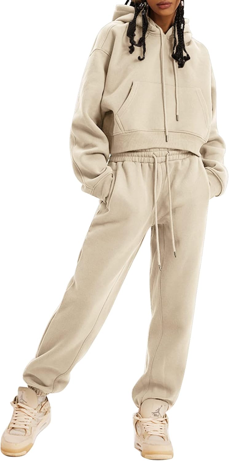 Kissonic Women's Fleece Jogger Sets 2 Pieces Sweatsuits Outfits Crop Top Hoodies Jogger Pants - Image 2