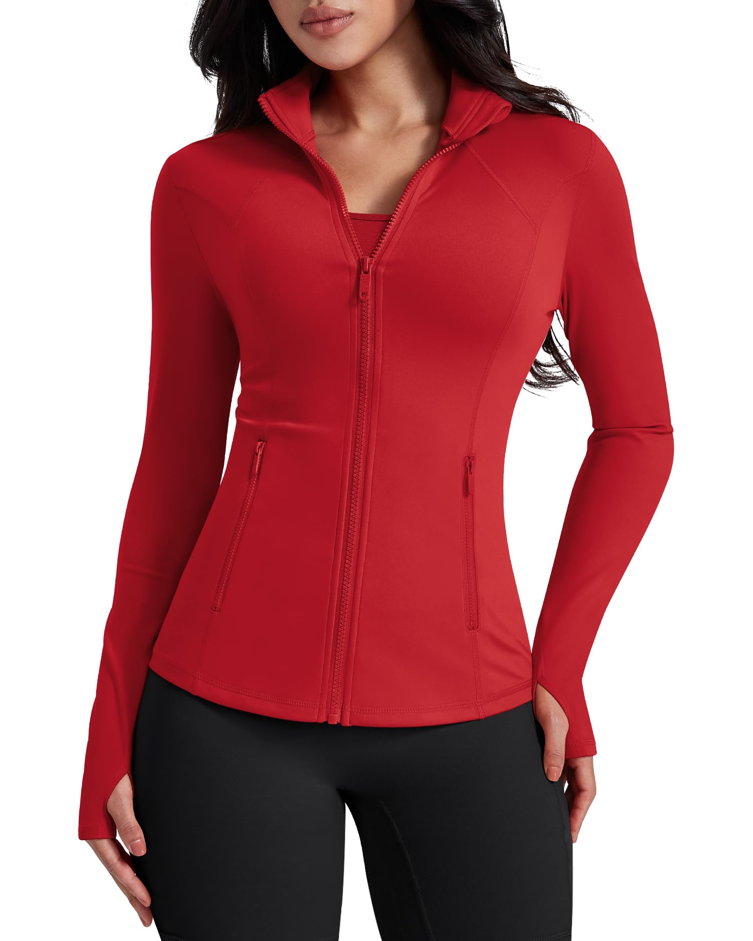 Photo 1 of AVGO Womens Workout Jackets Lightweight Athletic Zip Up Jacket Slim Fit Running Gym Top with Pockets & Thumb Holes(Red, S)
