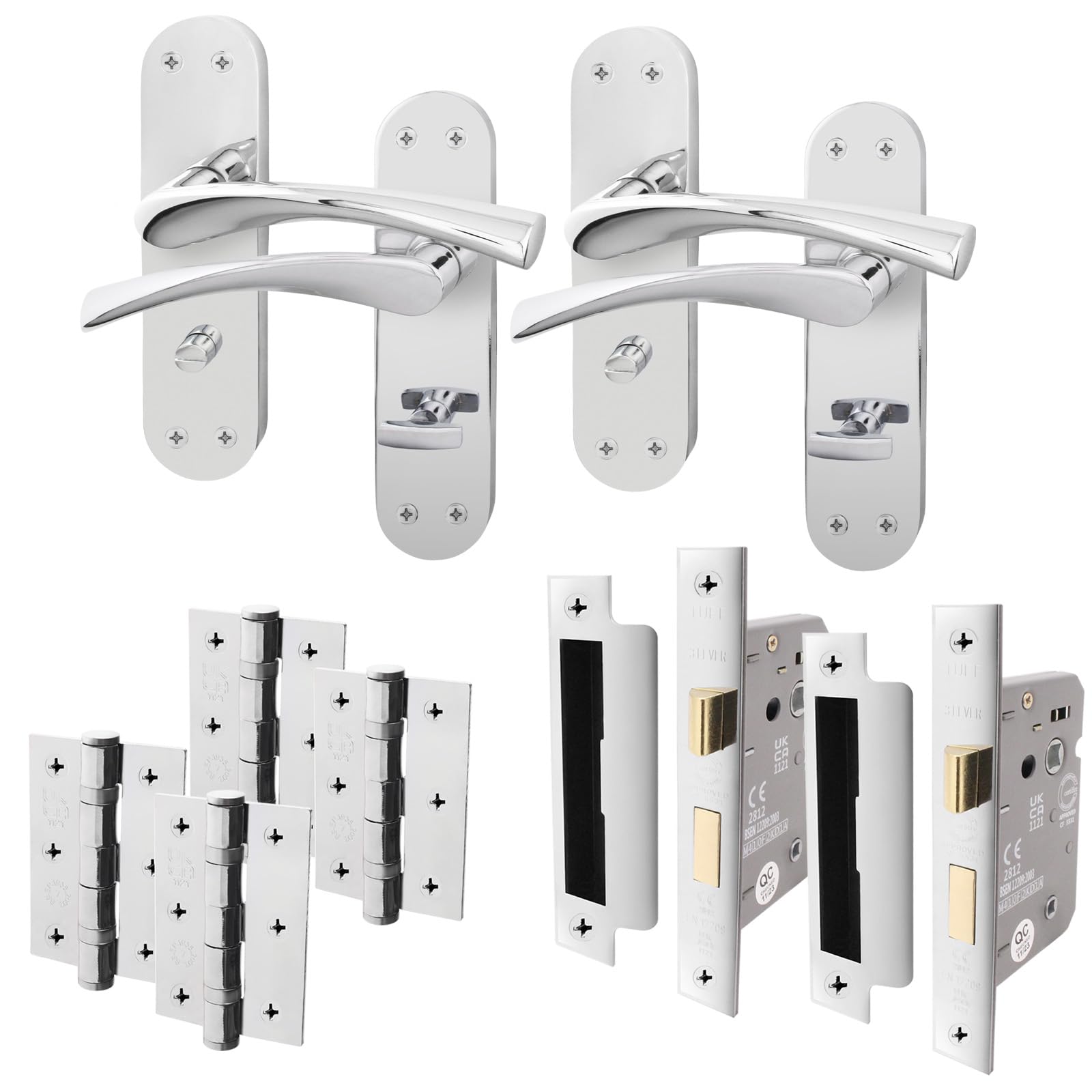 EAI Chrome Bathroom Door Handle Set - 2 Pairs Polished Chrome Bathroom Handles on Backplate with Lock 64mm & Hinges 76mm - Novoli Range