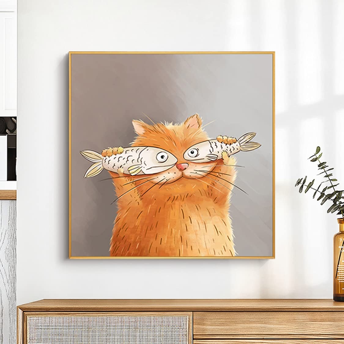 INJOY HOME DECORCanvas Print Gold Alloy Framed Cute Cat Fish Funny Animal Creative Picture Modern Gallery Artwork Family Wall Art Decor Kids Room Living Room Pet Gift 40x40cm (16 inches x 16 inches)