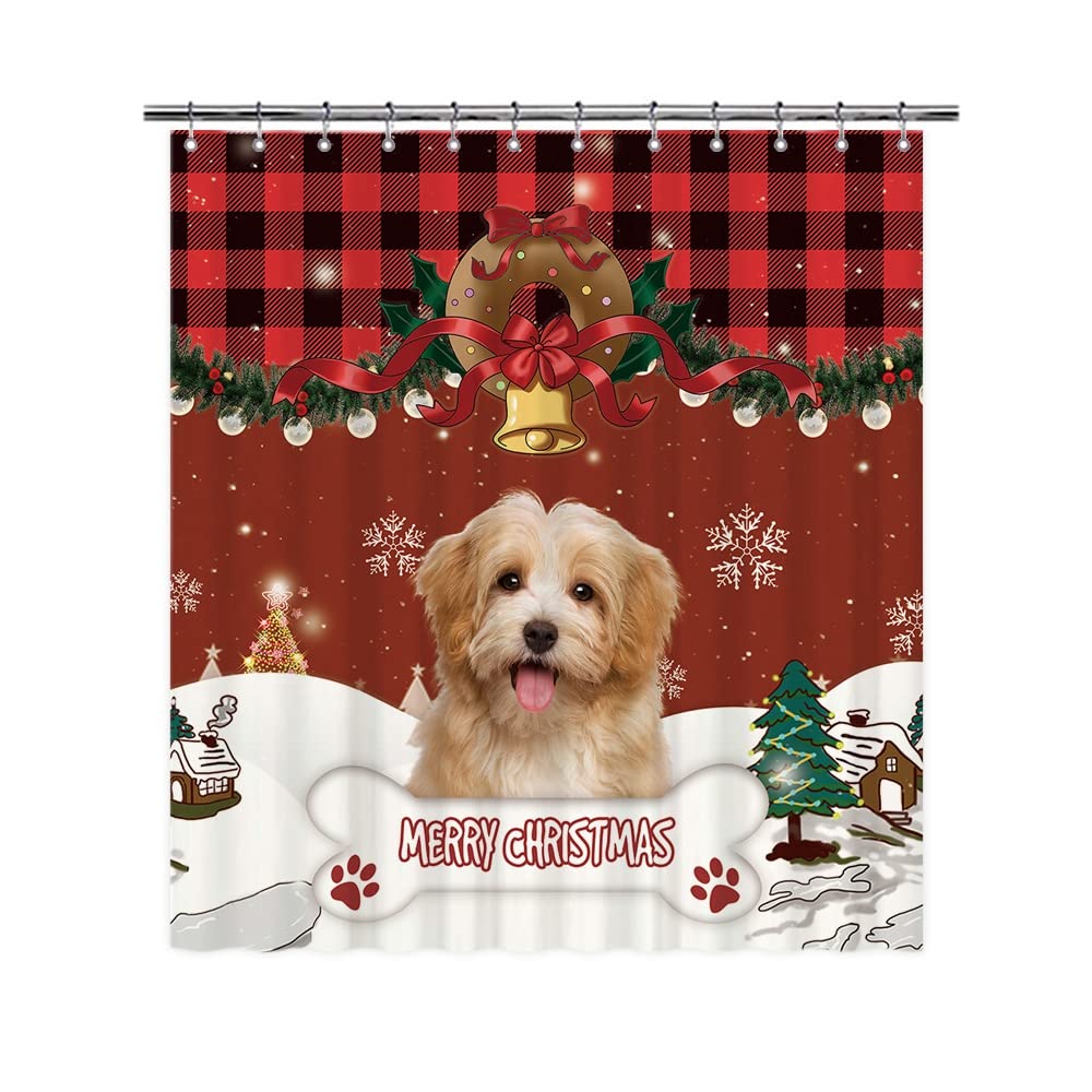 BAGEYOU Tenda da doccia Merry Christmas con simpatico cane Havanese Buffalo Check Plaid fiocco di neve campana tenda da bagno per decorazione natalizia invernale con 12 ganci, 183 x 183 cm