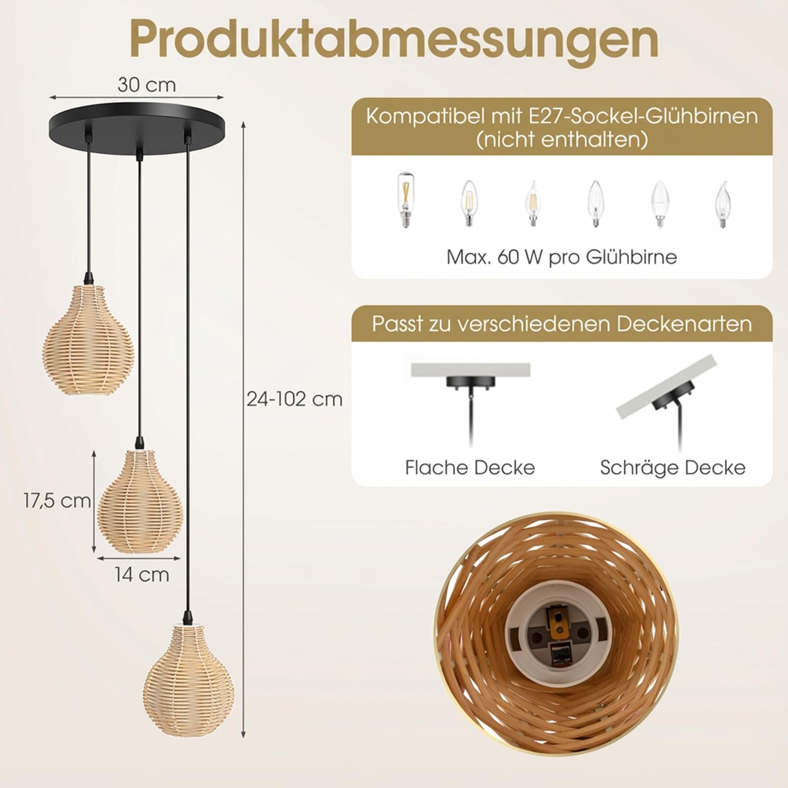 COSTWAY 3-Flammig Hängeleuchte, Boho Rattan Pendelleuchte über Esstisch, handgewebter natürlicher Korb-Kronleuchter mit verstellbarer Höhe für Kücheninsel, Esszimmer, Wohnzimmer