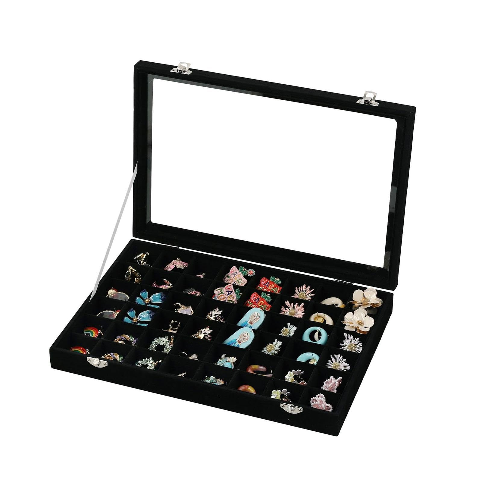 Qianly Jewelry Tray Organizer con 48 Scomparti Regolabili Porta Anelli Orecchini Collane Bracciali Custodia Robusta con Coperchio Trasparente in Tessuto, Nero