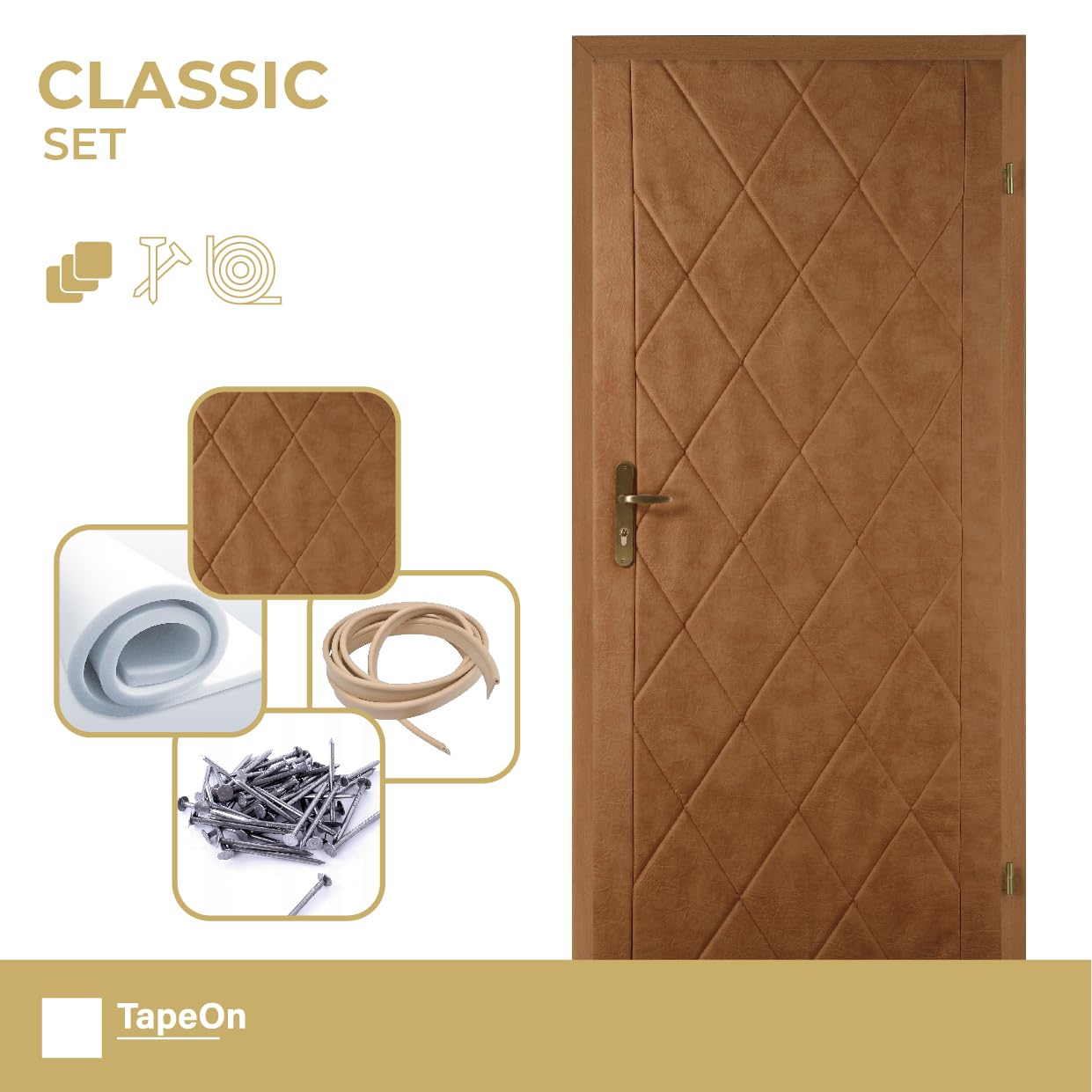 TapeOn Moderne deurbekleding voor zelfmontage, klassieke set, deurbekleding, deurreparatie voor binnendeuren, geluidsisolatie, T2 halve maan, kleur: wit eiken, 101 x 205 cm, geschikt voor 80/90 deuren