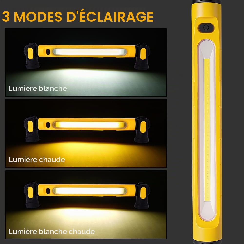 AXFEE Lampe de Travail, Baladeuse LED Rechargeable 5000mah, Lampe LED Rechargeable Aimantée, 3 Modes Baladeuse led Mecanicien avec Crochets, lampe Aimantée, pour Reparation Auto, Atelier, Camping