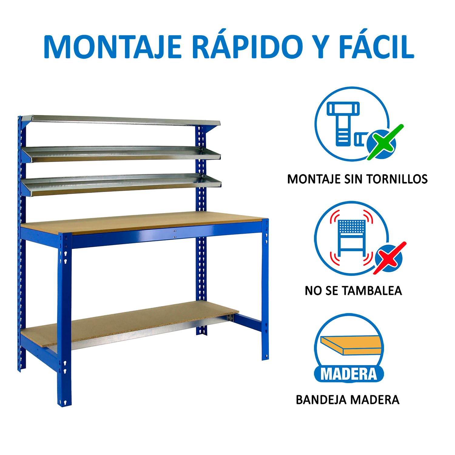 Simon Rack Banco de Trabajo con 3 repisas y cajón 910x610 mm - BT1 | Capacidad Carga 400 kg, Pintura anticorrosión, Azul , Montaje sistema clic