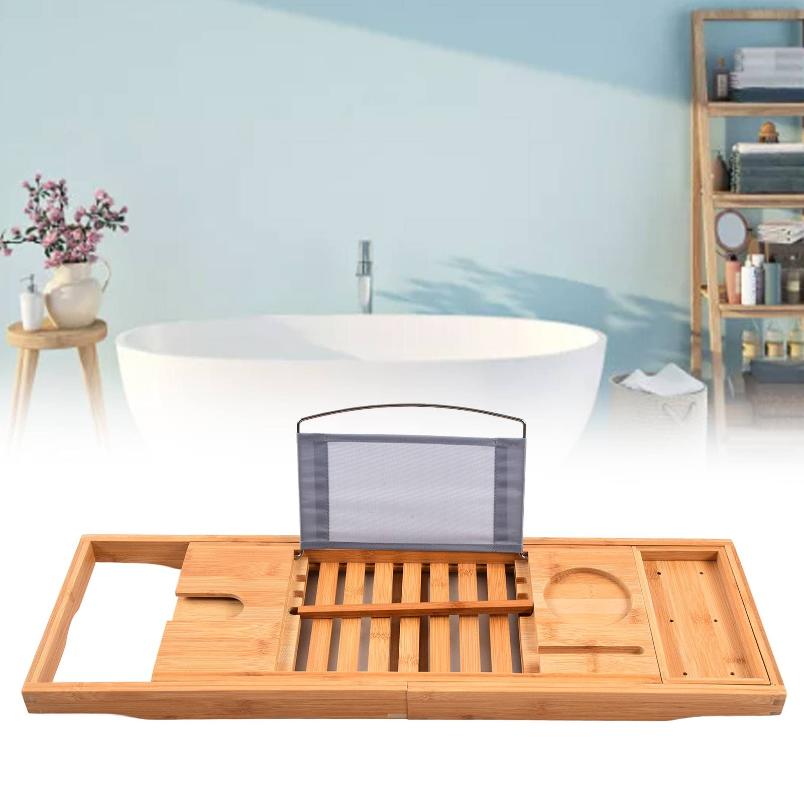 Cocoarm Bandeja de Baño, Bandeja de bambú para Bañera, Soporte de Baño Retráctil de 69,5x22,5 Cm con Soporte para Libros y Tabletas, Ranura para Copa de Vino para Uso en el Hogar, Hotel, SPA