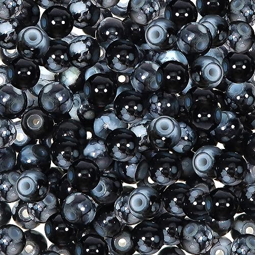 TOAOB Pack of 100 8 mm Crackle Glass Beads Black Round Marble Effect Loose Beads Natural Craft Beads for DIY Bracelets Necklaces Jewellery Making