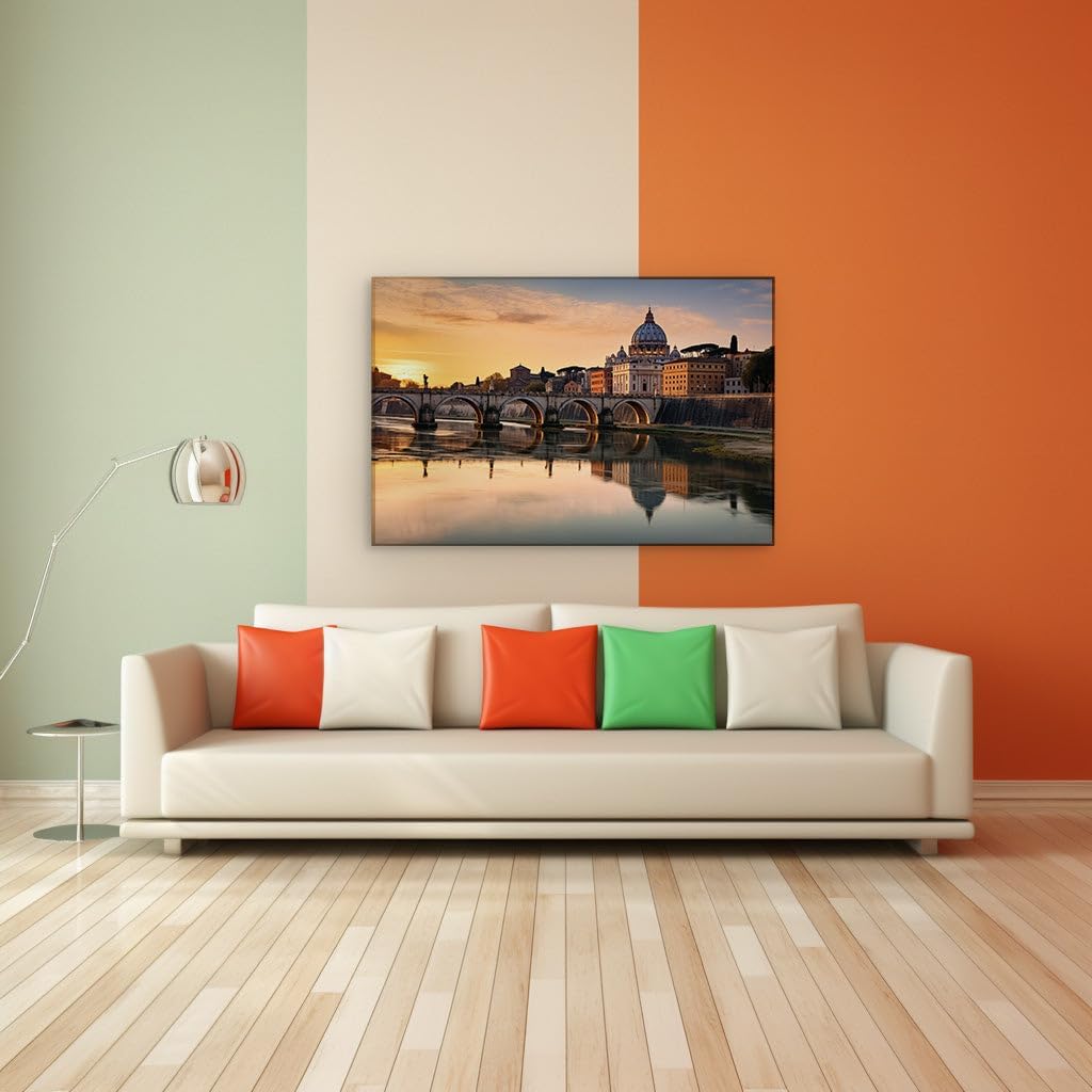 Canvas for Living room. Sunset Serenade Over Rome � A Breathtaking Palette of Warmth Reflected by River and Sky, 27 x 18 inch Canvas Wall Art - Contemporary Masterpieces - Modern Home Decor