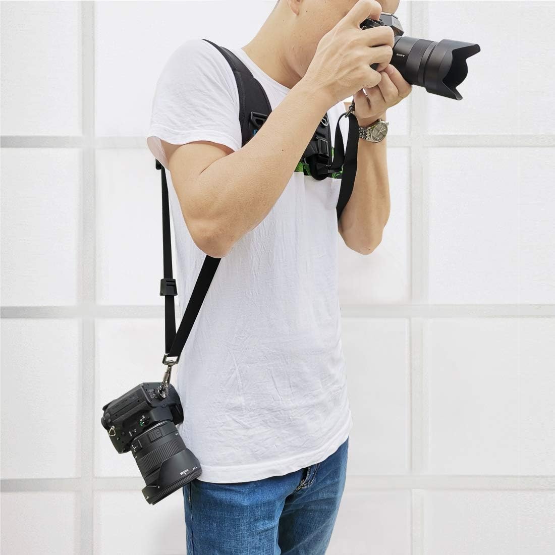 PULUZ Dual Camera Shoulder Harness Quick Release Double Camera Tether Strap Soft Pad Decompression Strap Belt With 1/4 inch Screw for DSLR SLR Cameras