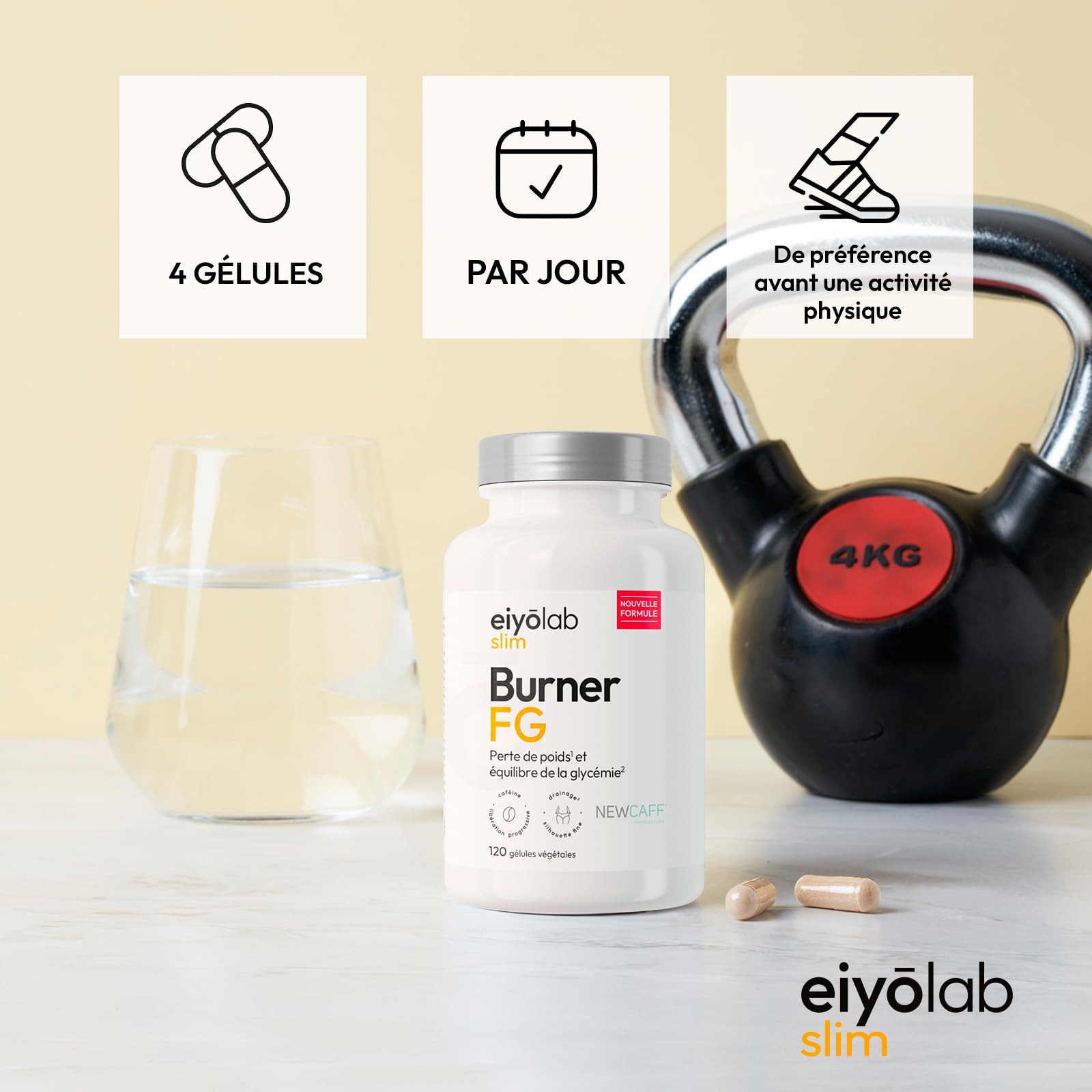 BURNER FG | Brûleur de Graisse Puissant Spécial Femme | Caféine NewCaff | Detox Anti-Cellulite | L-Carnitine + Thé Vert + Griffonia + Tryptophane + Guarana | 120 Gélules Vegan | Eiyolab