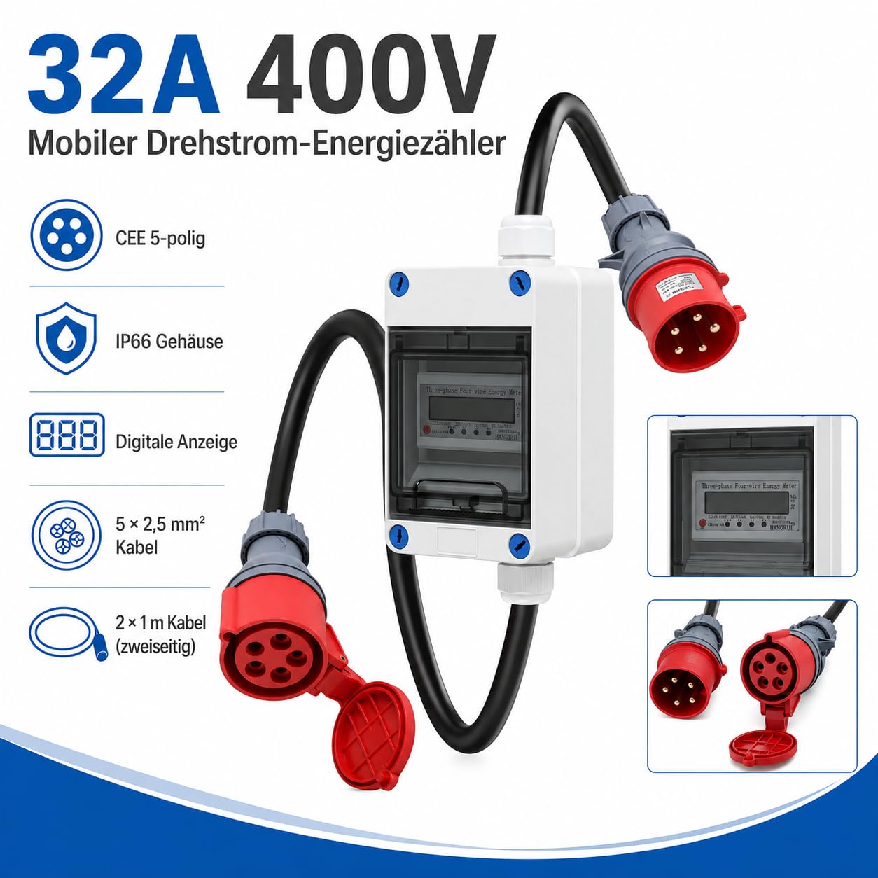 Mobilny licznik prądu trójfazowego 32 A 400 V z wtyczką CEE 5P | Wskaźnik zużycia w czasie rzeczywistym z kablem 2 x 1 m do zastosowań CEE