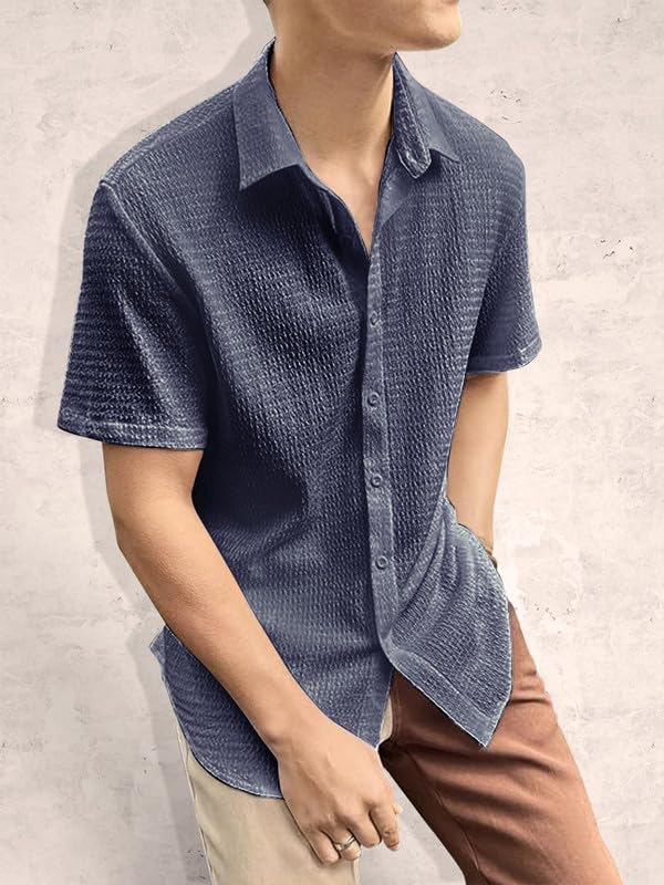 Image of Pinkmint Popcorn Shirt for Men Soild Slim Fit Sleeve Spread Collar Trendy Men Shirt Summer Wear Goa Wear Olive