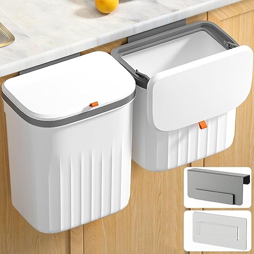 Contenedor de compost de cocina de 3.3 + 2.6 galones para encimera o debajo del fregadero, paquete combinado 2 en 1 de basura colgante de cocina con
