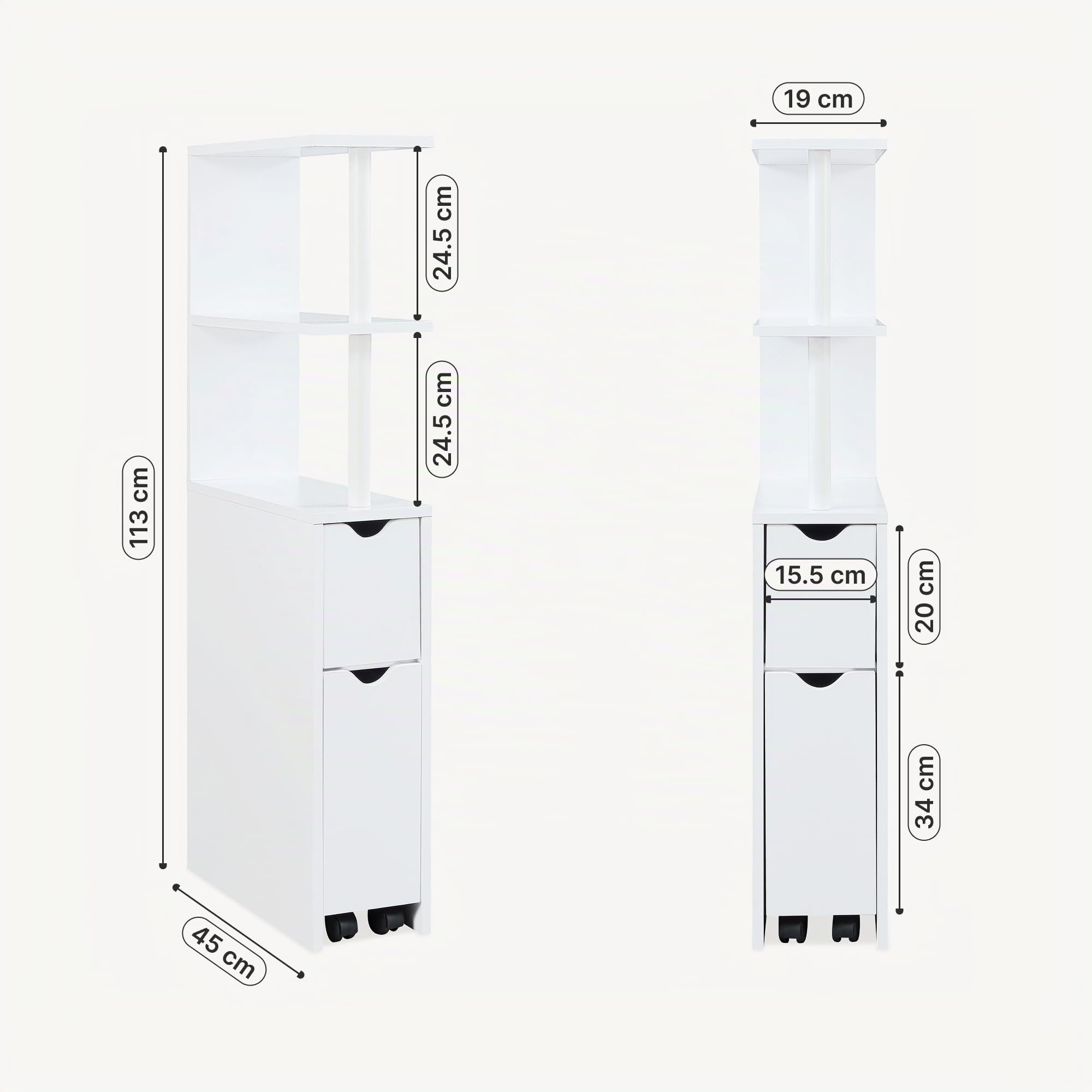 [en.casa] Scaffale da Bagno a 3 Ripiani Aperti Cassetto e Scomparto Chiuso Estraibile Mobile Contenitore Stretto con Vani Porta Oggetti per Cucina Cameretta 113 x 19 x 45 cm - Bianco