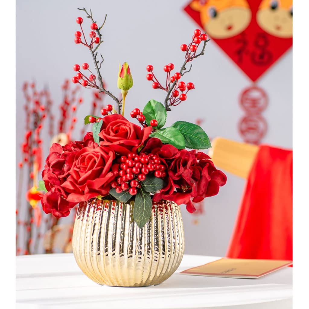 Fiori Artificiali Fiori Finti Fiore artificiale rosa con vaso in ceramica Berry Christmas Flower Set di fiori Fai da te Decorazione della casa for ufficio del giardino di nozze Artificiali Bouquet Ar