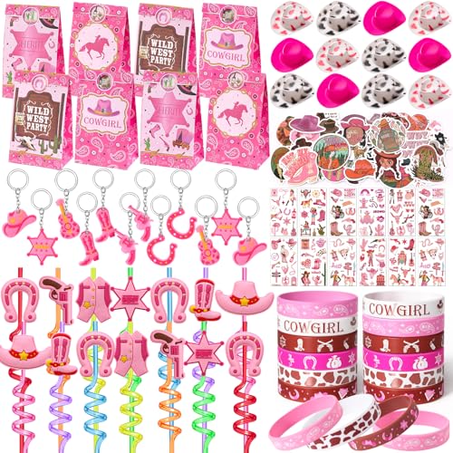 Winrayk 124Pcs Cowgirl Party Favors Hot Pink Birthday Supplies for Girls Gift Bags Straws Silicone Wristband Mini Hat Keychain Tattoo Sticker Hot Pink Rodeo Horse Disco Cowgirl Party Favors Supplies