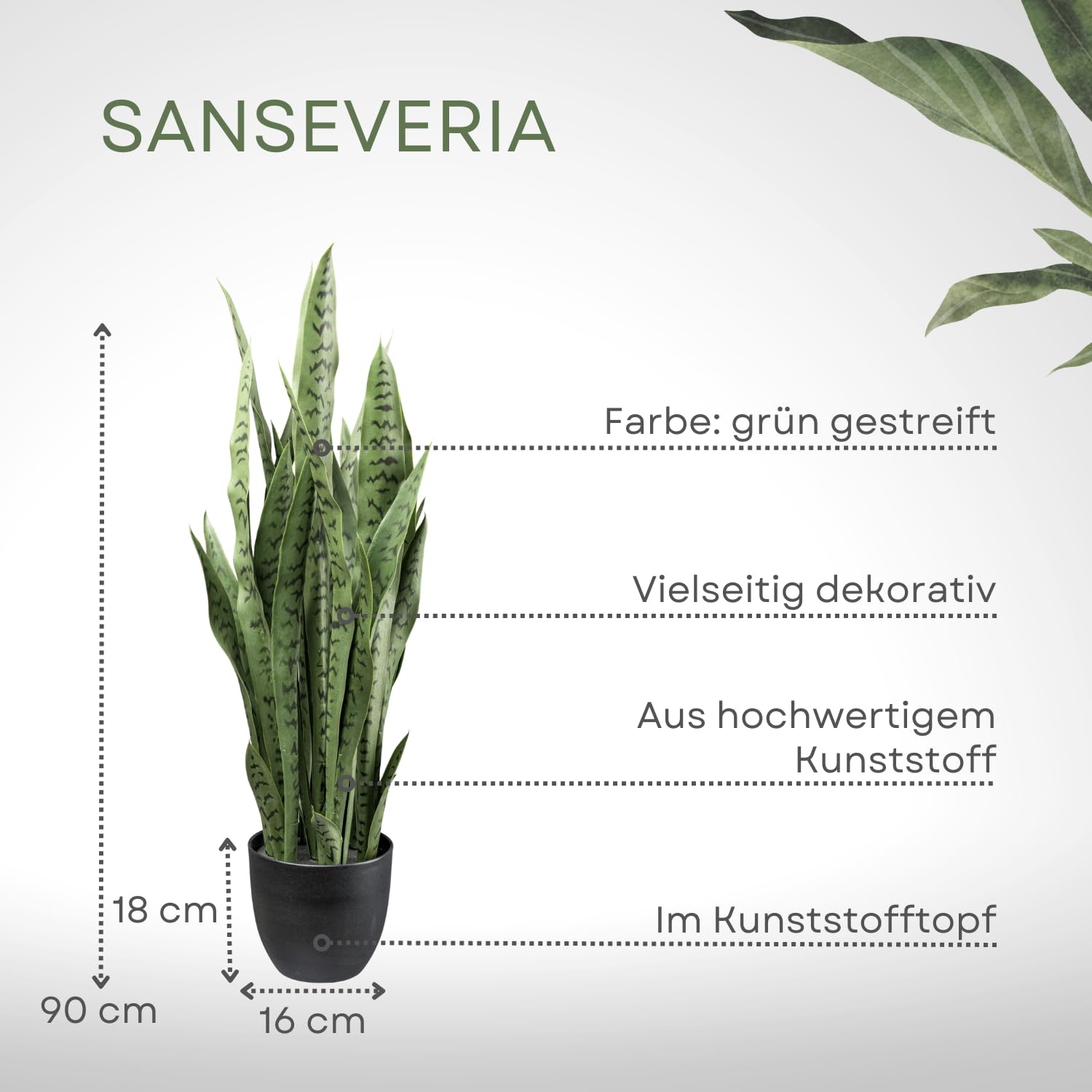 künstliche Sansevieria Pflanze 90cm I künstliche Bogenhanf Zimmerpflanze mit naturgetreuen Blättern I stilvolle künstliche Pflanzen wie echt mit Topf 18x16cm