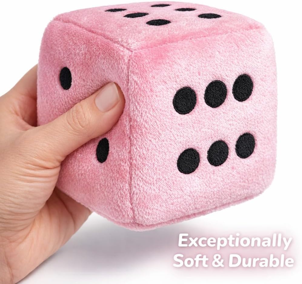 Large Pink Plush Dice for Bunco or Casino Party Decorations - 3.15" Square Pink Plush Dice with Black Dots. Bunco Party Supplies