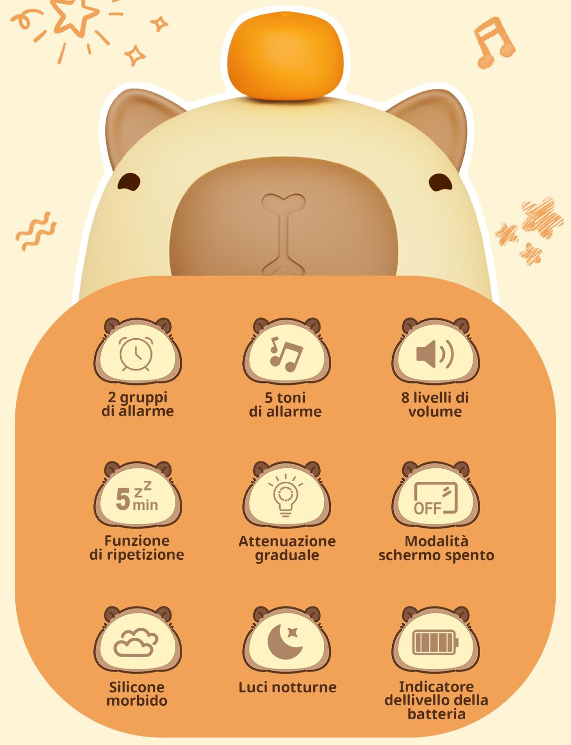 YISSVIC Sveglia per Bambini con 2 Sveglie, Regolazione Volume, Funzione Snooze, 5 Suonerie, Luci Notturne Sveglia Ricaricabile 1800 mAh