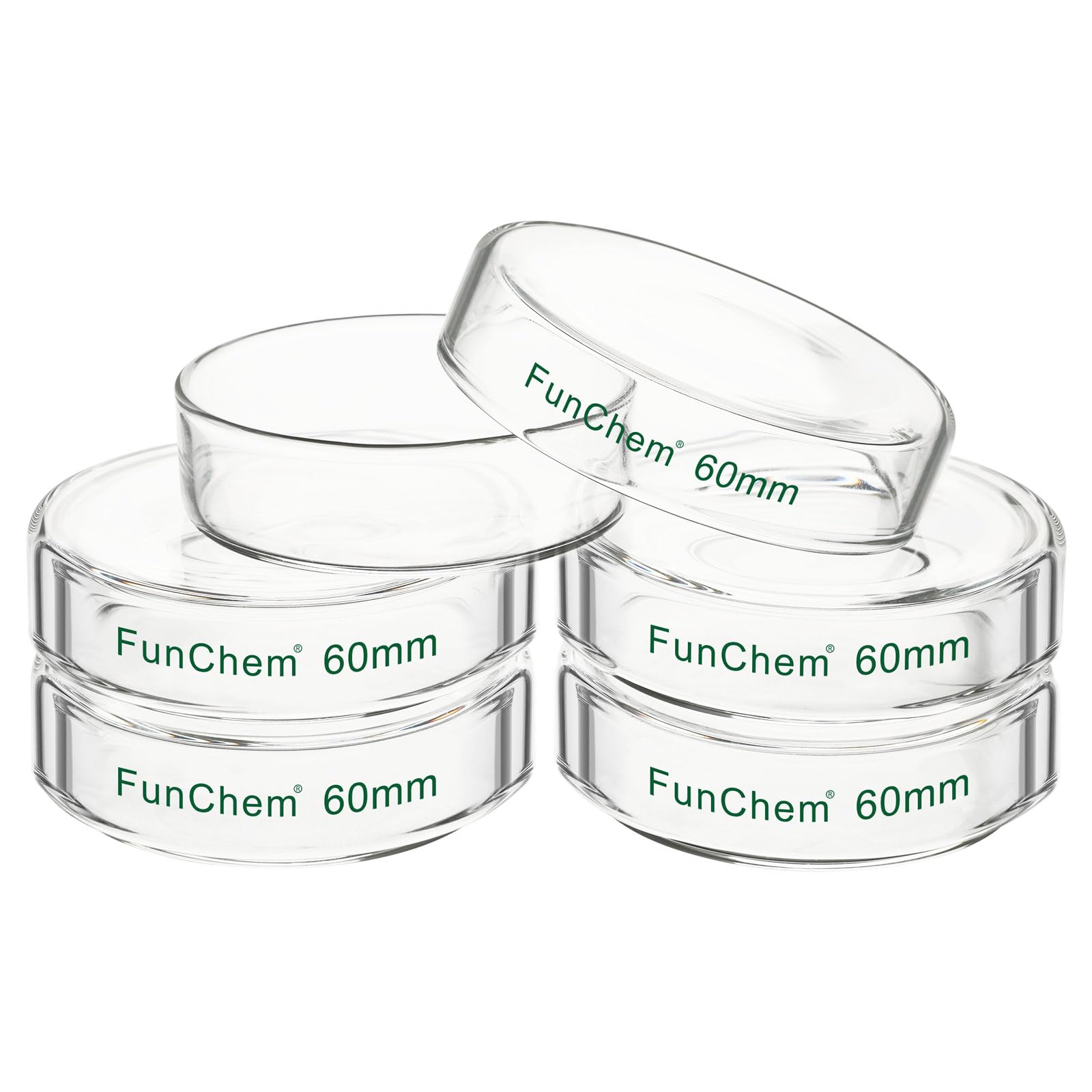FunChem Capsula Petri in Vetro Borosilicato con Coperchio Trasparente per Test e Osservazioni di Laboratorio - Diametro Esterno 60 mm, Confezione da 5