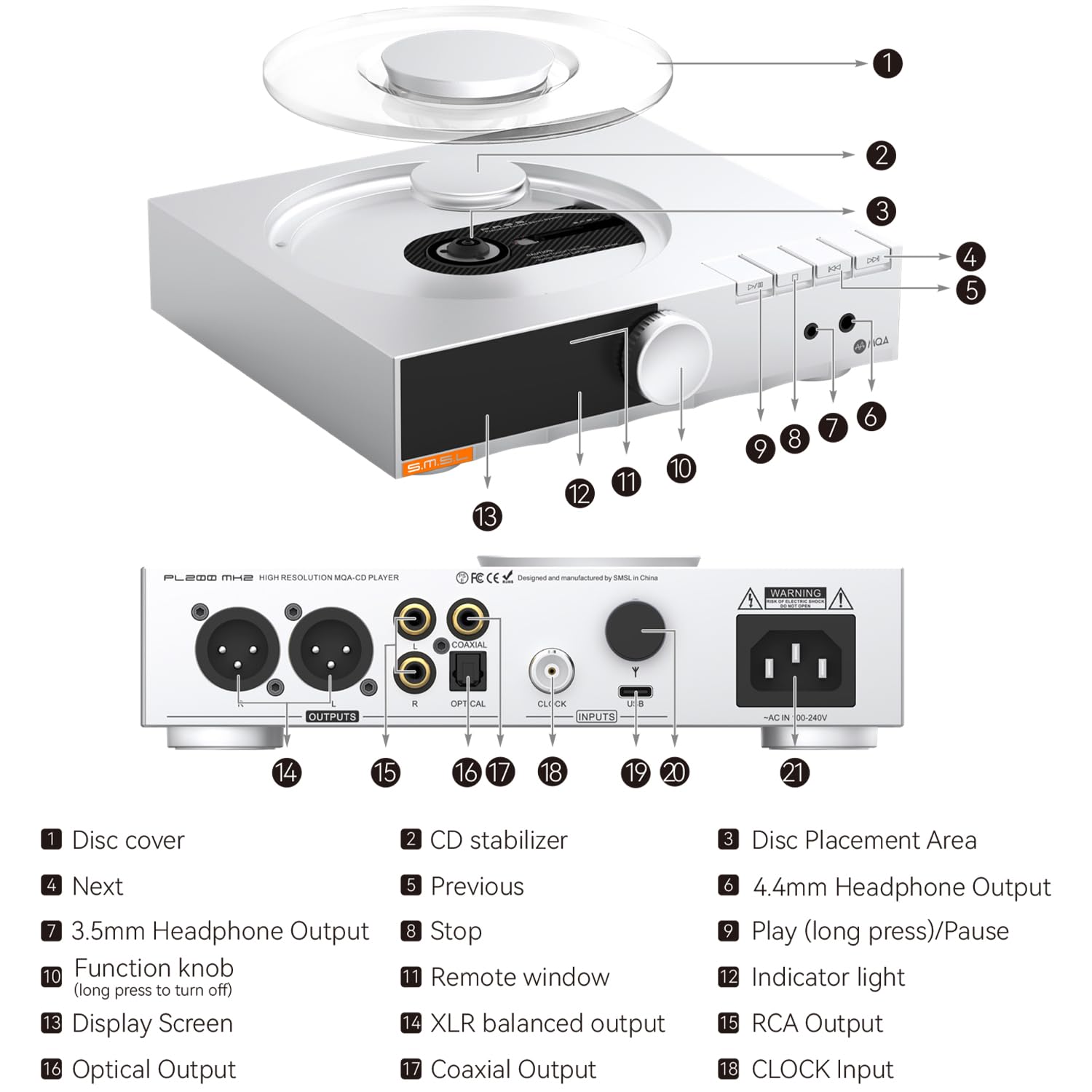 SMSL PL200 MK2 Lecteur CD MQA, lecteur CD tout-en-un intégrant un DAC et un amplificateur de casque,Hi-End DAC chip ES9039Q2M,lecture sans coupure,Entrées:USB/BT/CD; Sorties:RCA/XLR/casque/coax/opt/BT