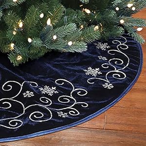 New Traditions Velvet Christmas Tree Skirt with Embroidered Sequin Taffeta Piping and Snowflakes Tree Skirt