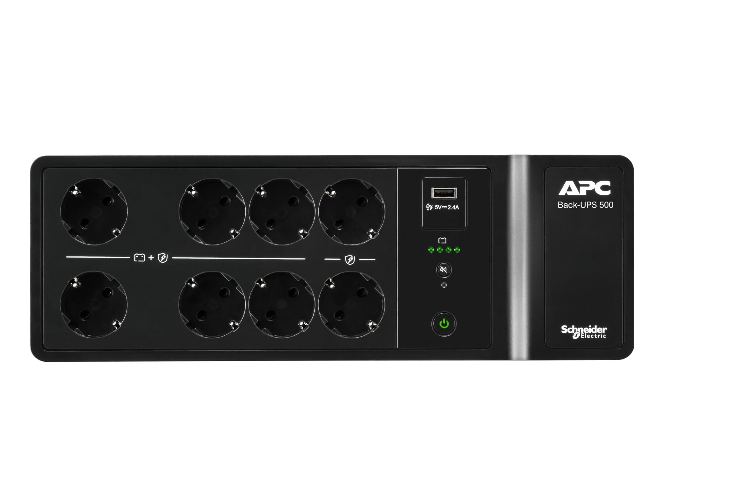 APC UPS BE500G2-GR - Batería de Emergencia (500 VA SAI) con AVR, 8 enchufes Schuko CEE 7/3, (1) Puerto de Carga USB, alimentación ininterrumpida Back-UPS