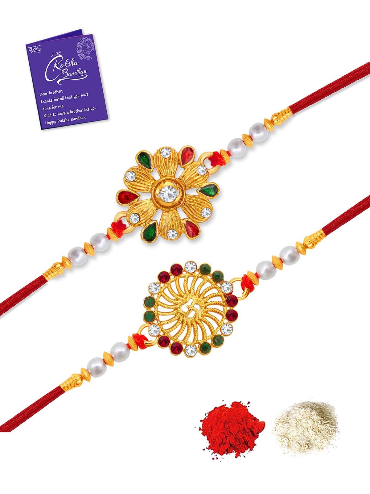 Sukkhi Rakhi Vintage Kundan Rakhi Combo & Designer Gold Plated Premium Rakhi for Brother, Roli Chawal & Greeting Card|Rakhi for Bhaiya|Rakhi for MEN|Kundan Rakhi|Rakhi Combo-Set of 2 |CBRAK104550 (B0B6393NBM) Amazon Price History, Amazon Price Tracker