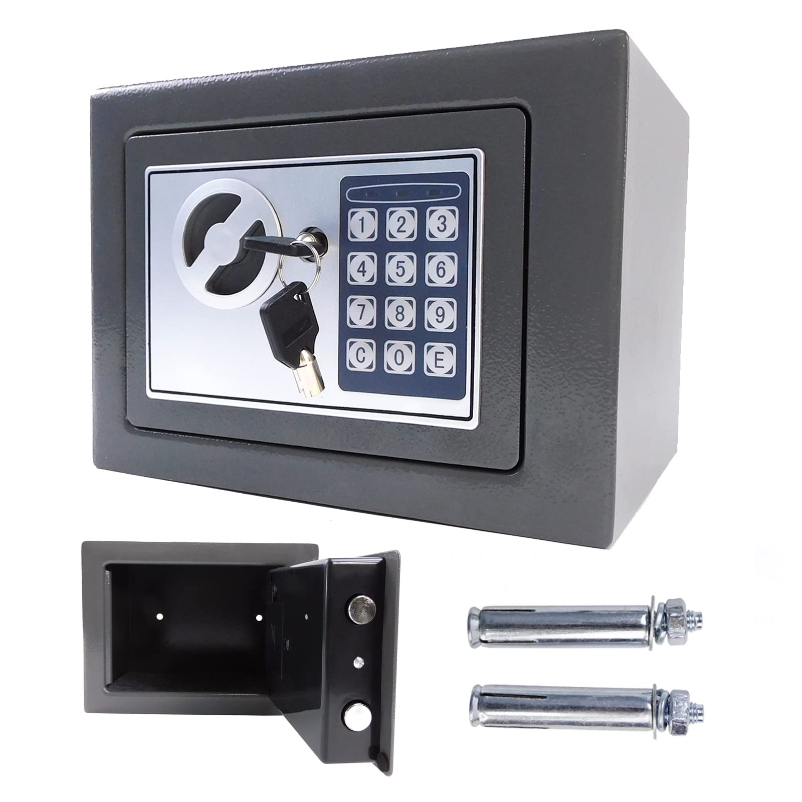 Security Safe Box Cash Box, 4.6L Small Cabinet Safe 17cm x 23cm x 17cm, Digital Keypad Safety PIN Code, with 2 Keys, Easy to Mount for Home, Business, Office (Grey)