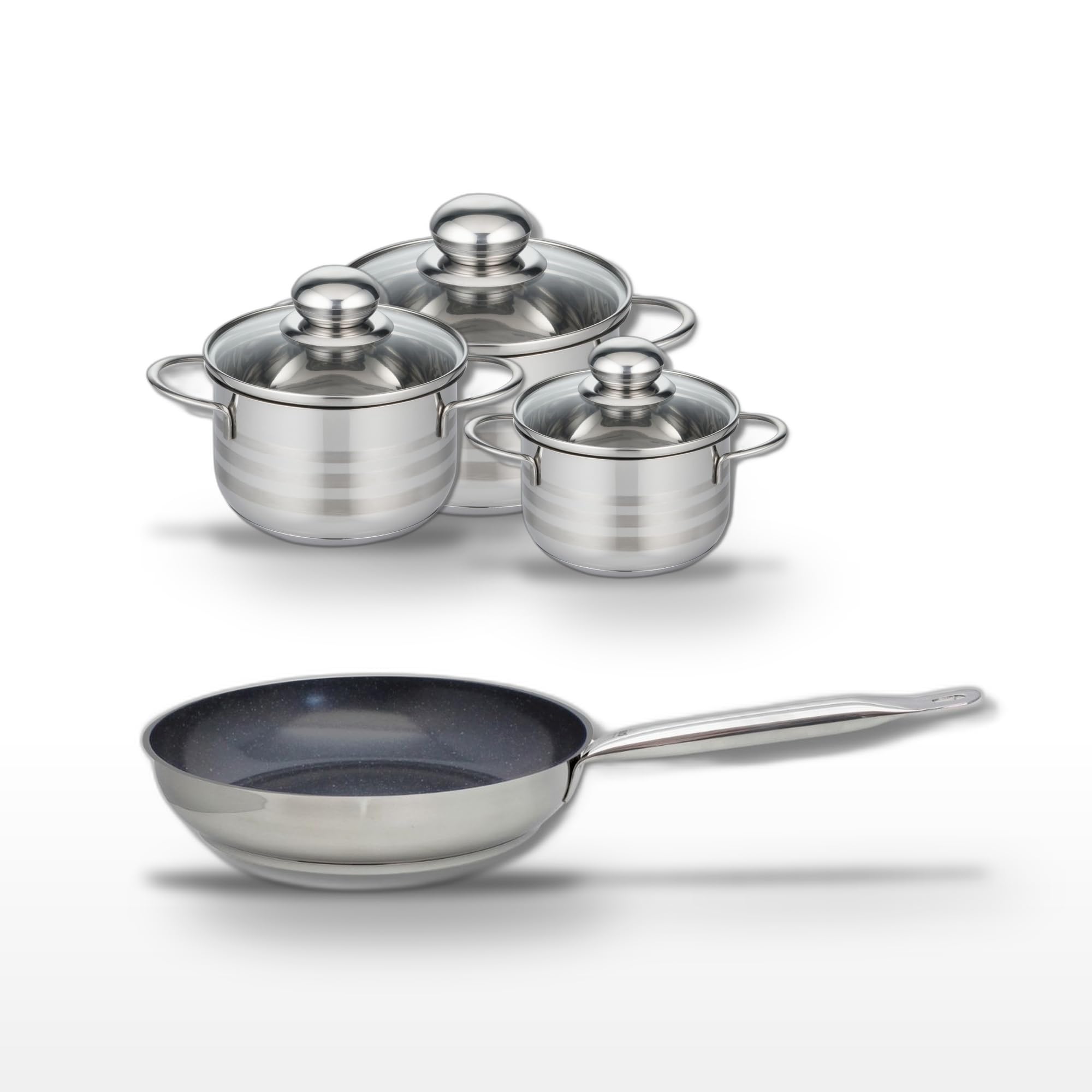 Elo Batterie cuisine poêle 28 cm et 3 faitouts 12/14/16 cm | Lot complet pour équiper la cuisine, 1 poêle 28 cm et 3 faitouts, Acier inoxydable, Induction four vitrocéramique gaz